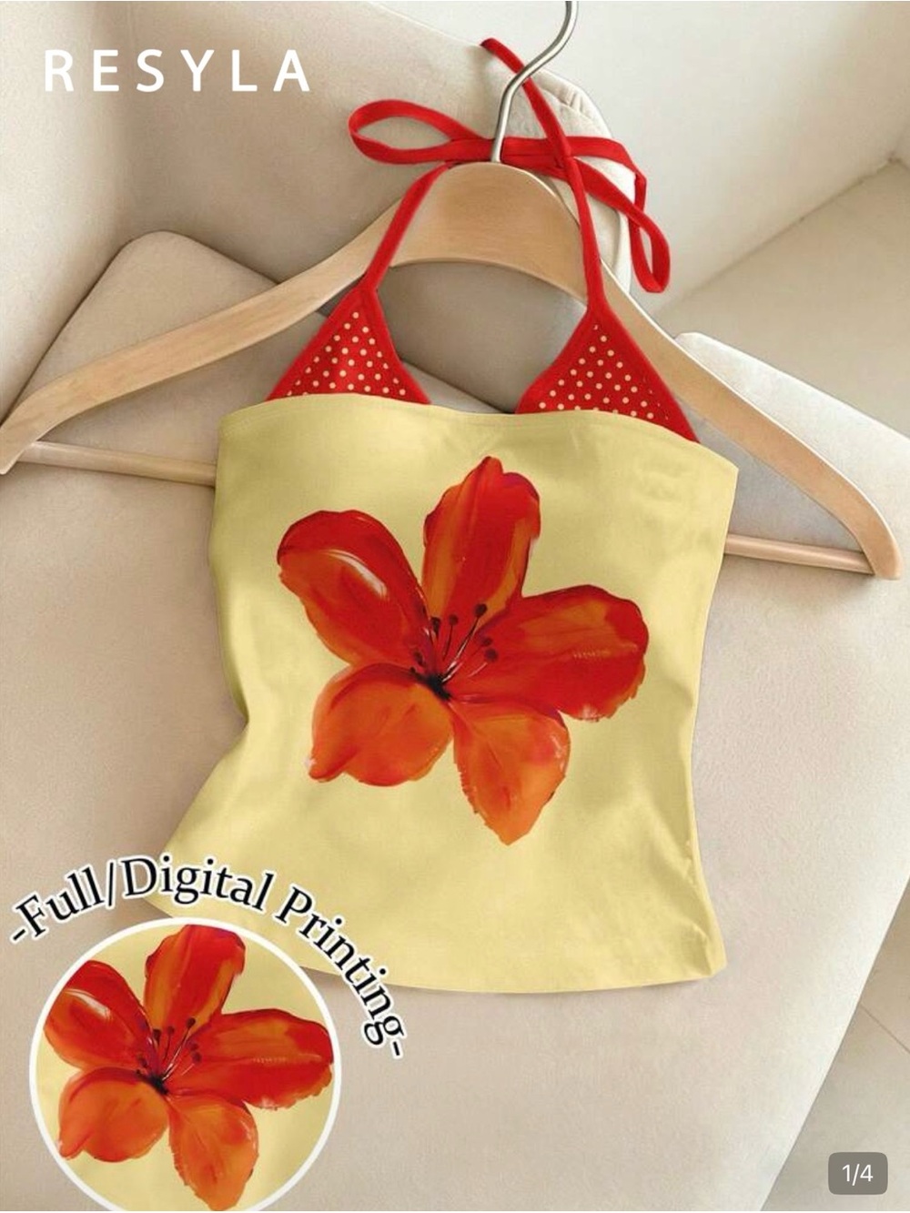 SHEIN Yellow Halter Floral Crop Top with Red Accents
